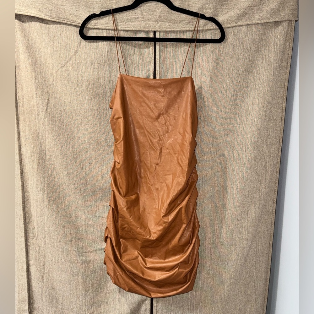 Forever 21 Size M Tan Faux Leather Ruched Mini Dress, Brand New